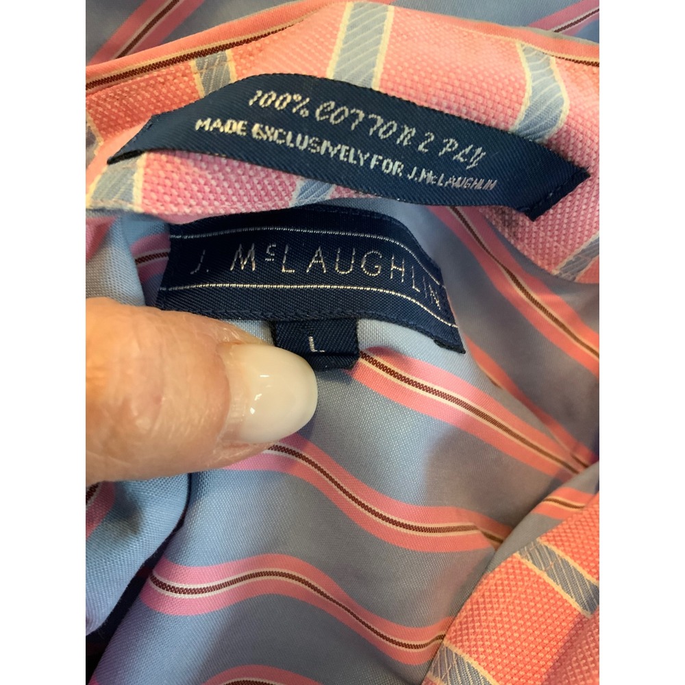 J. McLaughlin Mens Blue Pink Striped Button Down Shirt 100% Cotton 2 Ply Large - Picture 3 of 3